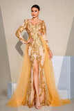 Golden Sparkly Mermaid Sequined Long Sleeves Prom Dress with Slit
