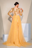 Golden Sparkly Mermaid Sequined Long Sleeves Prom Dress with Slit