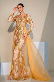 Golden Sparkly Mermaid Sequined Long Sleeves Prom Dress with Slit