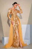 Golden Sparkly Mermaid Sequined Long Sleeves Prom Dress with Slit