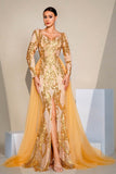 Golden Sparkly Mermaid Sequined Long Sleeves Prom Dress with Slit