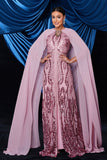 Pink Sequined Mermaid Maxi Prom Dress with Cape