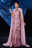 Pink Sequined Mermaid Maxi Prom Dress with Cape
