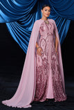 Pink Sequined Mermaid Maxi Prom Dress with Cape