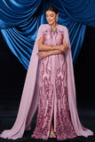 Pink Sequined Mermaid Maxi Prom Dress with Cape