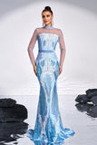 Light Blue Mermaid Sequined Illusion Sleeves Prom Dress