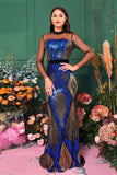 Light Blue Mermaid Sequined Illusion Sleeves Prom Dress