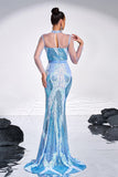 Light Blue Mermaid Sequined Illusion Sleeves Prom Dress