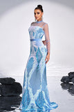 Light Blue Mermaid Sequined Illusion Sleeves Prom Dress
