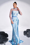 Light Blue Mermaid Sequined Illusion Sleeves Prom Dress