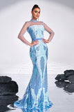 Light Blue Mermaid Sequined Illusion Sleeves Prom Dress