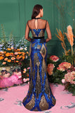 Light Blue Mermaid Sequined Illusion Sleeves Prom Dress