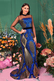 Light Blue Mermaid Sequined Illusion Sleeves Prom Dress