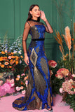 Light Blue Mermaid Sequined Illusion Sleeves Prom Dress