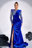 Royal Blue Beaded Mermaid Velvet Maxi Prom Dress with Slit