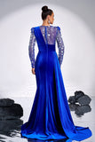 Royal Blue Beaded Mermaid Velvet Maxi Prom Dress with Slit