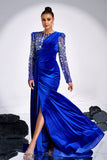 Royal Blue Beaded Mermaid Velvet Maxi Prom Dress with Slit