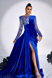 Royal Blue Beaded Mermaid Velvet Maxi Prom Dress with Slit