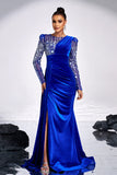Royal Blue Beaded Mermaid Velvet Maxi Prom Dress with Slit