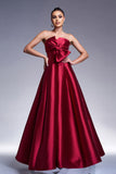 Burgundy A-Line Strapless Satin Maxi Prom Dress with Bow