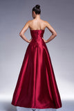 Burgundy A-Line Strapless Satin Maxi Prom Dress with Bow