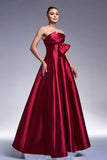 Burgundy A-Line Strapless Satin Maxi Prom Dress with Bow