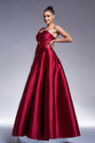 Burgundy A-Line Strapless Satin Maxi Prom Dress with Bow