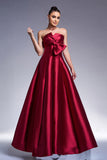 Burgundy A-Line Strapless Satin Maxi Prom Dress with Bow