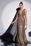 Coffee Leopard Printed Mermaid V-neck Watteau Train Prom Dress