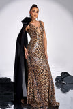 Coffee Leopard Printed Mermaid V-neck Watteau Train Prom Dress