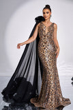 Coffee Leopard Printed Mermaid V-neck Watteau Train Prom Dress