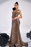 Coffee Leopard Printed Mermaid V-neck Watteau Train Prom Dress