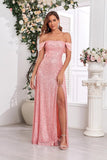 Pink A Line Off the Shoulder Sequined Long Evening Dress with Slit