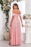 Pink A Line Off the Shoulder Sequined Long Evening Dress with Slit