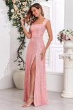 Pink A Line Off the Shoulder Sequined Long Evening Dress with Slit