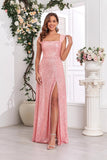 Pink A Line Off the Shoulder Sequined Long Evening Dress with Slit