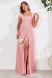 Pink A Line Off the Shoulder Sequined Long Evening Dress with Slit
