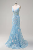 Sparkly Blue Corset Sequined Mermaid Prom Dress with Lace Up Back