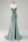 Sparkly Navy Mermaid Sequin Beaded Corset Maxi Prom Dress with Slit