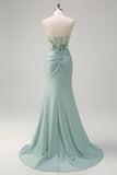 Sparkly Navy Mermaid Sequin Beaded Corset Maxi Prom Dress with Slit
