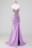 Sparkly Navy Mermaid Sequin Beaded Corset Maxi Prom Dress with Slit