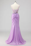 Sparkly Navy Mermaid Sequin Beaded Corset Maxi Prom Dress with Slit