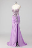 Sparkly Navy Mermaid Sequin Beaded Corset Maxi Prom Dress with Slit