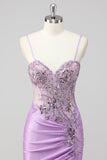 Sparkly Navy Mermaid Sequin Beaded Corset Maxi Prom Dress with Slit