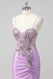 Sparkly Navy Mermaid Sequin Beaded Corset Maxi Prom Dress with Slit