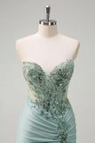 Sparkly Navy Mermaid Sequin Beaded Corset Maxi Prom Dress with Slit
