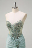 Sparkly Navy Mermaid Sequin Beaded Corset Maxi Prom Dress with Slit