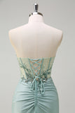 Sparkly Navy Mermaid Sequin Beaded Corset Maxi Prom Dress with Slit