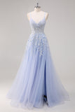 Lavender Corset Beaded Tulle Maxi Prom Dress with Slit