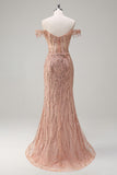 Dusty Rose Sequined Off the Shoulder Corset Mermaid Prom Dress with Slit